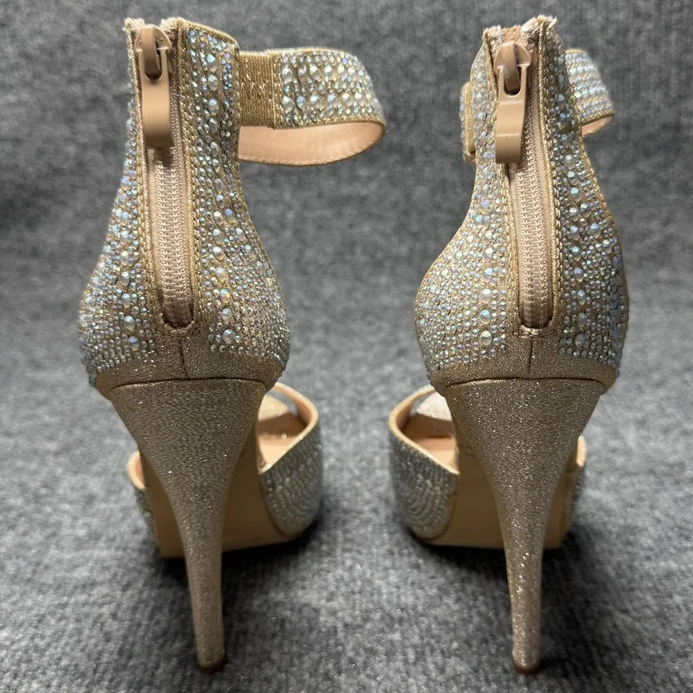 Dream Pairs Swan-05 Womens 5 Gold Rhinestone Stiletto Platform Ankle Strap Heels